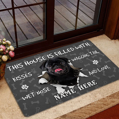 Personalized Pug Welcome Doormat, Black Pug dog pet lover pawprint grey Welcome Doormat, Custom Name Pets Home Decor Door Mat
