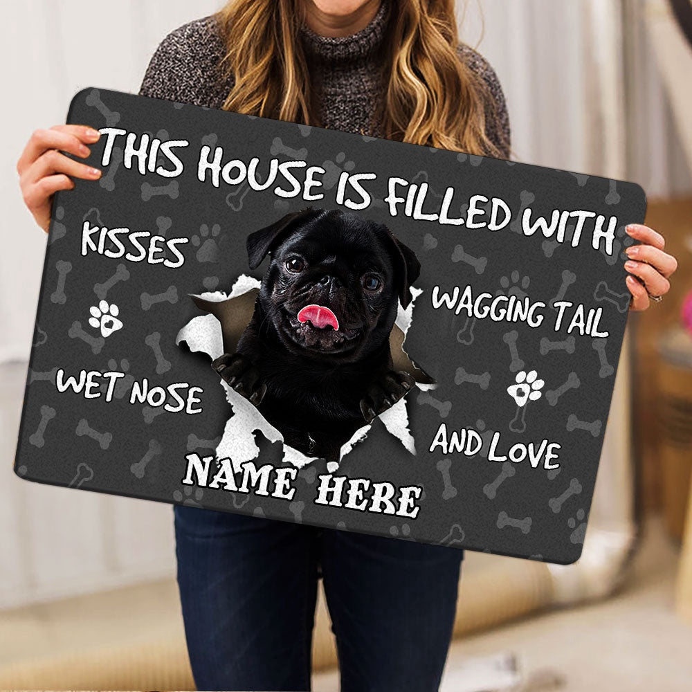 Personalized Pug Welcome Doormat, Black Pug dog pet lover pawprint grey Welcome Doormat, Custom Name Pets Home Decor Door Mat