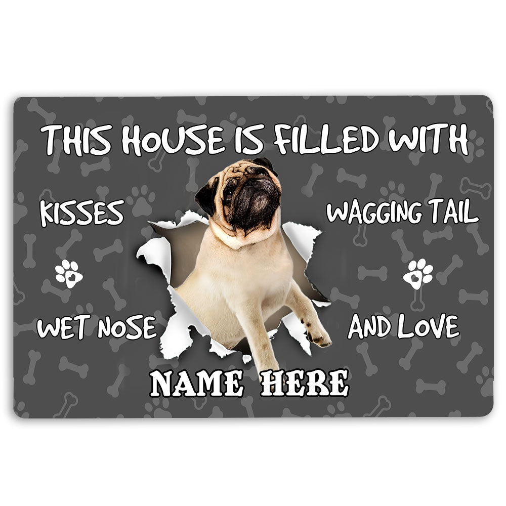 Personalized Pug Welcome Doormat, Pug dog pet lover pawprint grey Welcome Doormat, Custom Name Pets Home Decor Door Mat