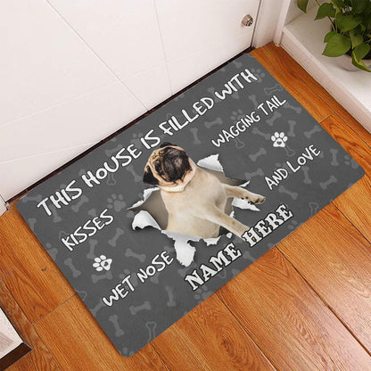 Personalized Pug Welcome Doormat, Pug dog pet lover pawprint grey Welcome Doormat, Custom Name Pets Home Decor Door Mat