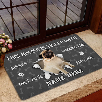 Personalized Pug Welcome Doormat, Pug dog pet lover pawprint grey Welcome Doormat, Custom Name Pets Home Decor Door Mat