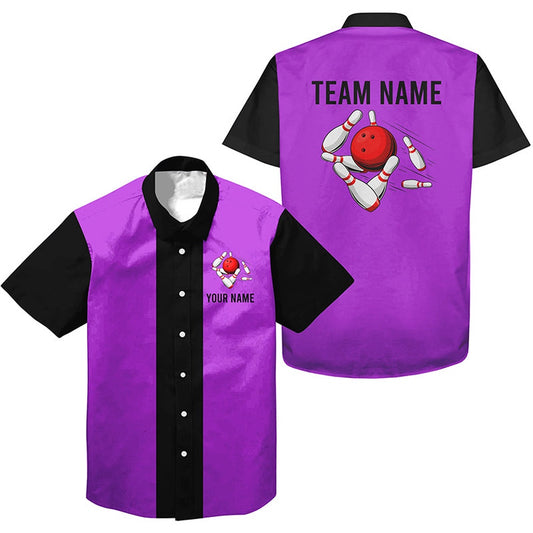 Personalized Purple Black Retro Bowling Hawaiian Shirts, Custom Vintage Team Button Up Shirts, Bowling Team Hawaiian