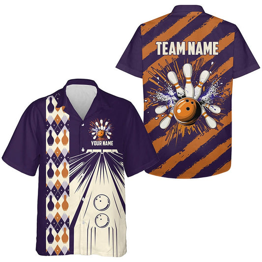 Personalized Purple Orange Retro Bowling Hawaiian Shirts, Bowling Team Button Up Shirts, Bowling Team Hawaiian