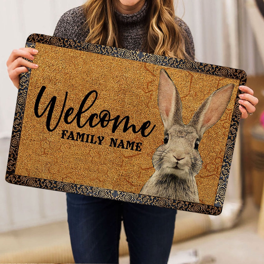Personalized Rabbit Welcome Doormat, funny rabbit pet lover gift idea brown Welcome Doormat, Custom Name Pets Home Decor Door Mat