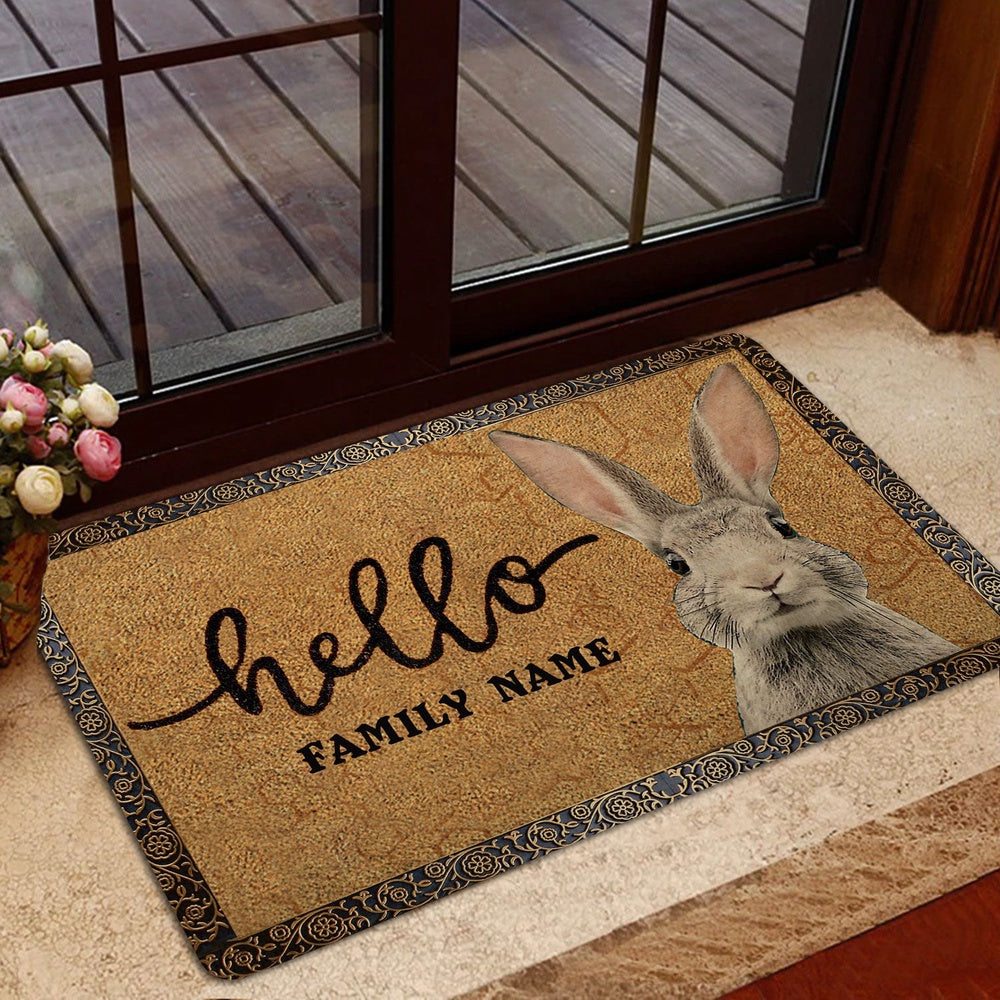Personalized Rabbit Welcome Doormat, rabbit bunny pet lover gift idea brown Welcome Doormat, Custom Name Pets Home Decor Door Mat