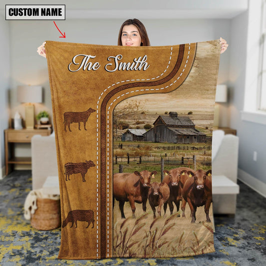 Personalized Red Angus Cattle In Field Farmhouse Blanket, Farm Blanket, Farm Animal Blanket