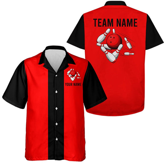 Personalized Red Black Retro Bowling Hawaiian Shirts, Custom Vintage Team Button Up Shirts, Bowling Team Hawaiian