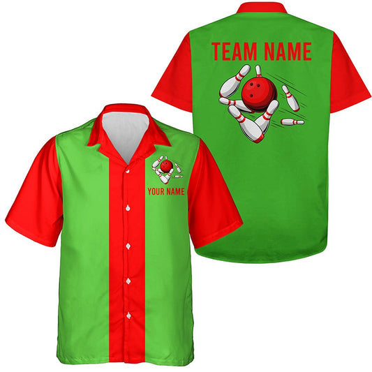 Personalized Red Greenchristmas Bowling Hawaiian Shirts, Custom Vintage Team Button Up Shirts, Bowling Team Hawaiian