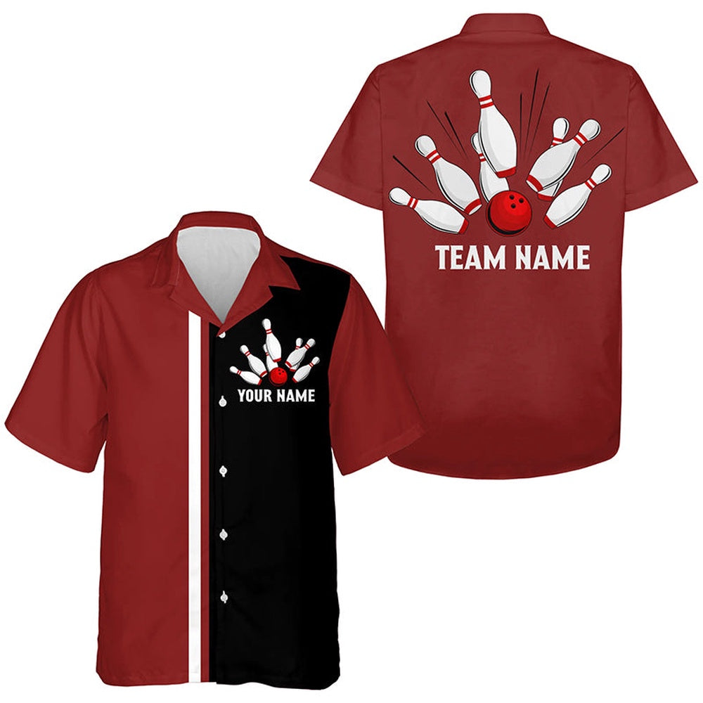 Personalized Red White And Black Retro Bowling Hawaiian Shirts, Custom Vintage Team Button Up Shirts, Bowling Team Hawaiian