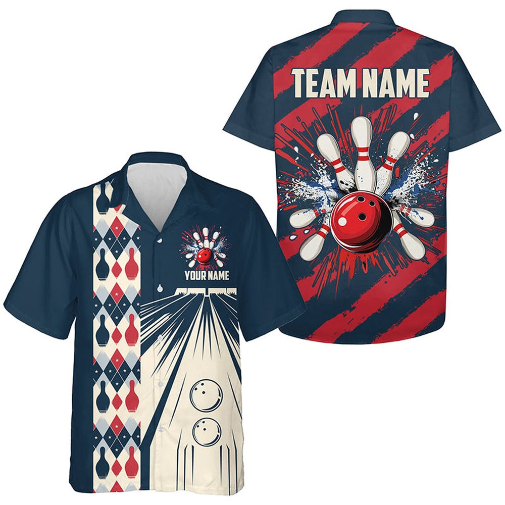 Personalized Red, White And Blueretro Bowling Hawaiian Shirts, Bowling Team Button Up Shirts, Bowling Team Hawaiian