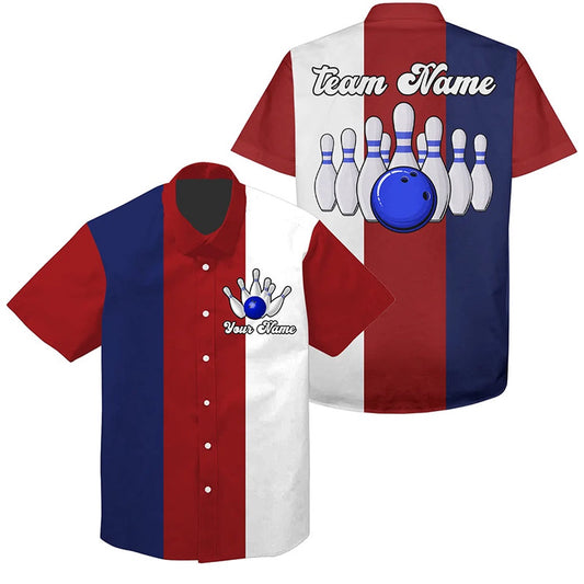 Personalized Red White And Blueretro Bowling Hawaiian Shirts, Custom Vintage Team Button Up Shirts, Bowling Team Hawaiian