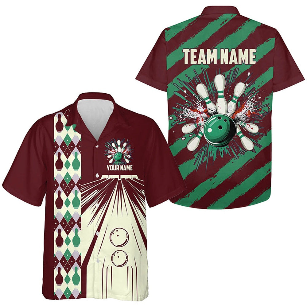 Personalized Red, White And Greenretro Bowling Hawaiian Shirts, Bowling Team Button Up Shirts, Bowling Team Hawaiian