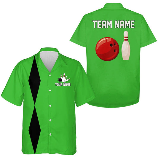 Personalized Retro Bowling Hawaiian Shirts, Custom Vintage Team Button Up Shirts Green, Bowling Team Hawaiian