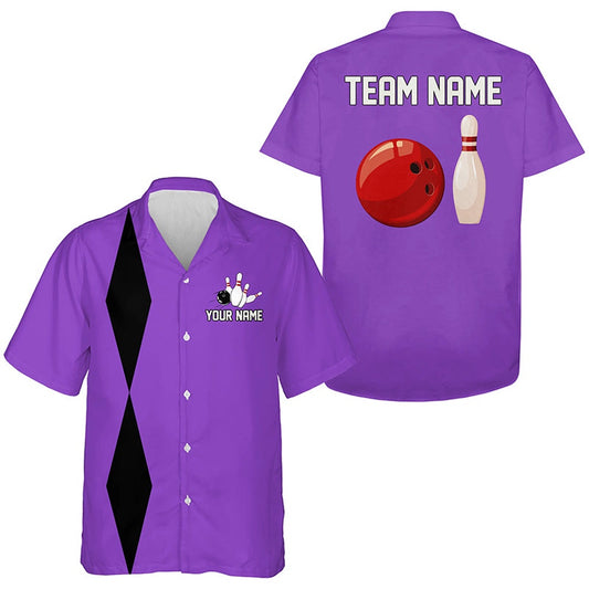 Personalized Retro Bowling Hawaiian Shirts, Custom Vintage Team Button Up Shirts Purple, Bowling Team Hawaiian