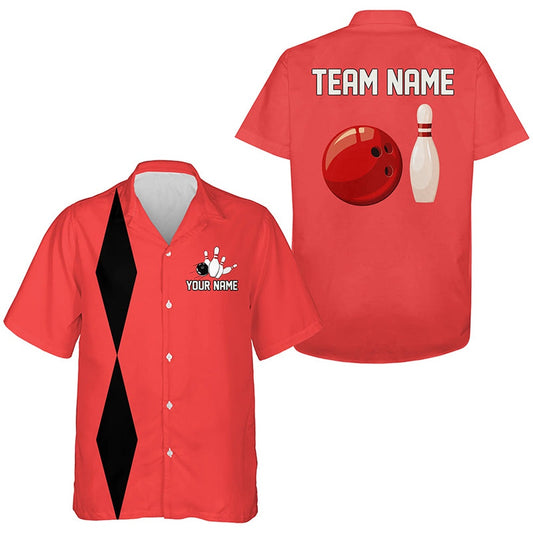 Personalized Retro Bowling Hawaiian Shirts, Custom Vintage Team Button Up Shirts Red, Bowling Team Hawaiian
