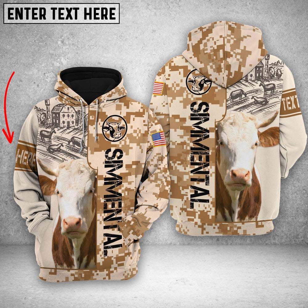 Personalized Simmental Brown Camo All Printed 3D Shirt, Farmer Hoodie, Custom Farm Shirts, Farmer T Shirt