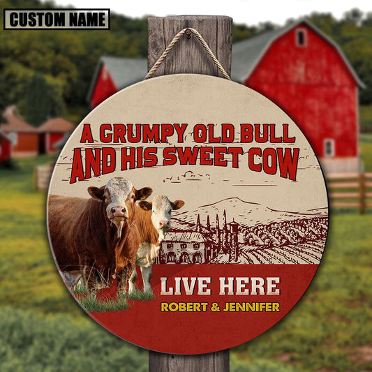 Personalized Simmental Grumpy Old Bull And His Sweet Cow Wooden Sign, Farm Wood Sign, Farm House Wood Signs