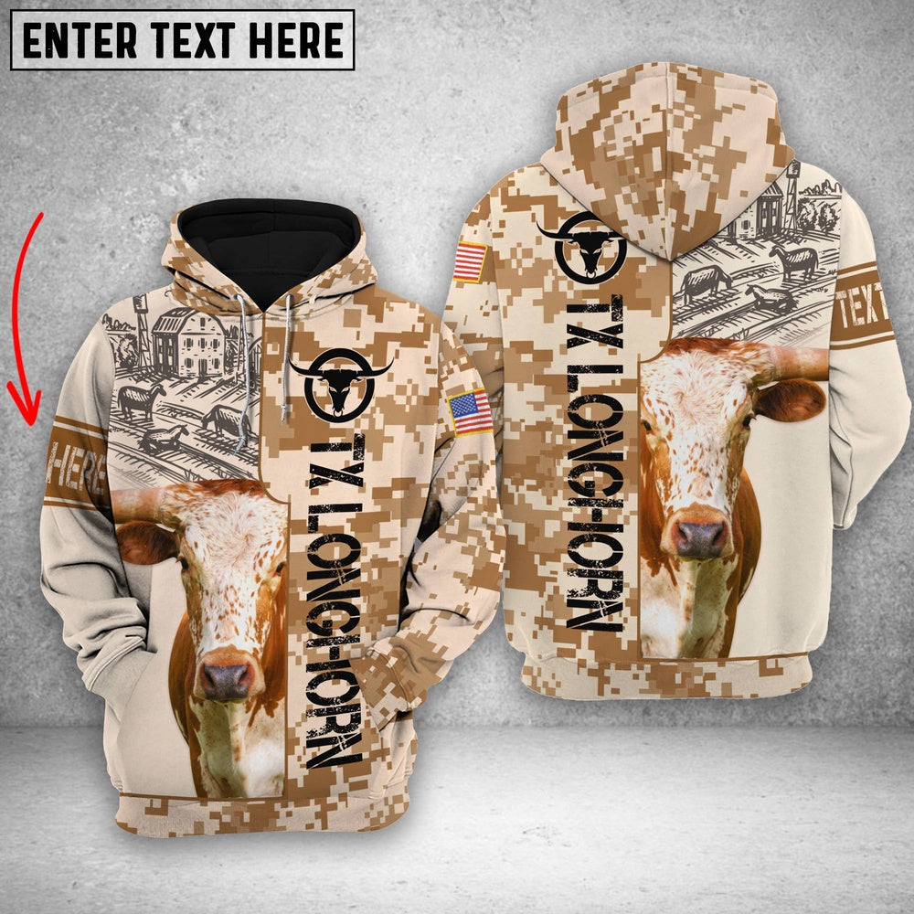 Personalized TX Longhorn Brown Camo All Printed 3D Shirt, Farmer Hoodie, Custom Farm Shirts, Farmer T Shirt
