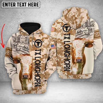 Personalized TX Longhorn Brown Camo All Printed 3D Shirt, Farmer Hoodie, Custom Farm Shirts, Farmer T Shirt