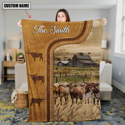 Personalized Texas Longhorn Cattle In Field Farmhouse Blanket, Farm Blanket, Farm Animal Blanket