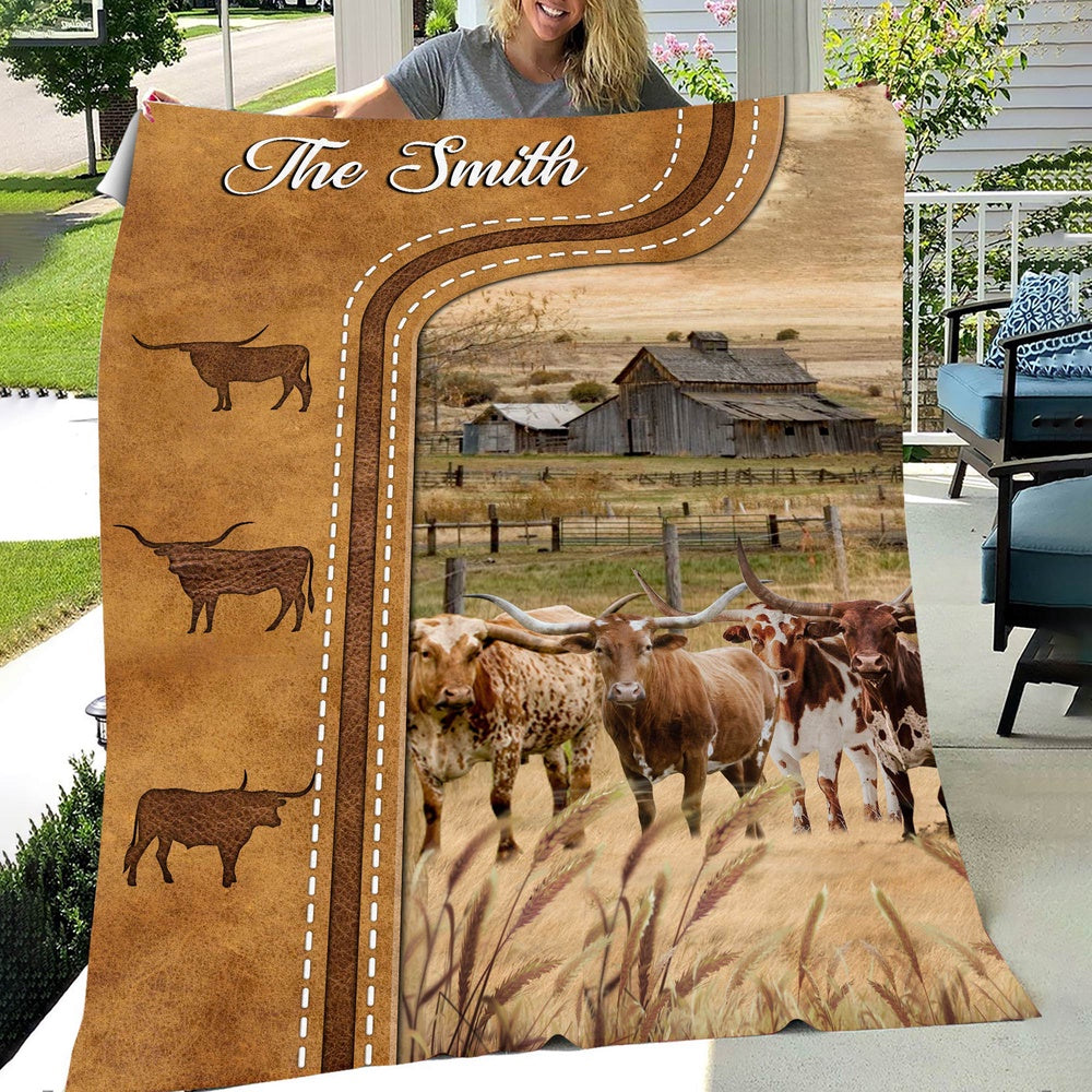 Personalized Texas Longhorn Cattle In Field Farmhouse Blanket, Farm Blanket, Farm Animal Blanket