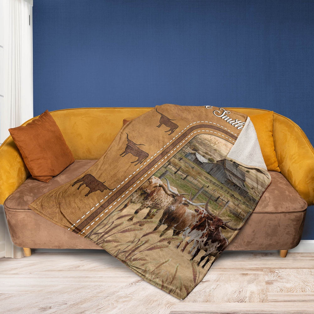 Personalized Texas Longhorn Cattle In Field Farmhouse Blanket, Farm Blanket, Farm Animal Blanket