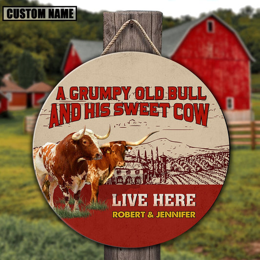 Personalized Texas Longhorn Grumpy Old Bull And His Sweet Cow Wooden Sign, Farm Wood Sign, Farm House Wood Signs