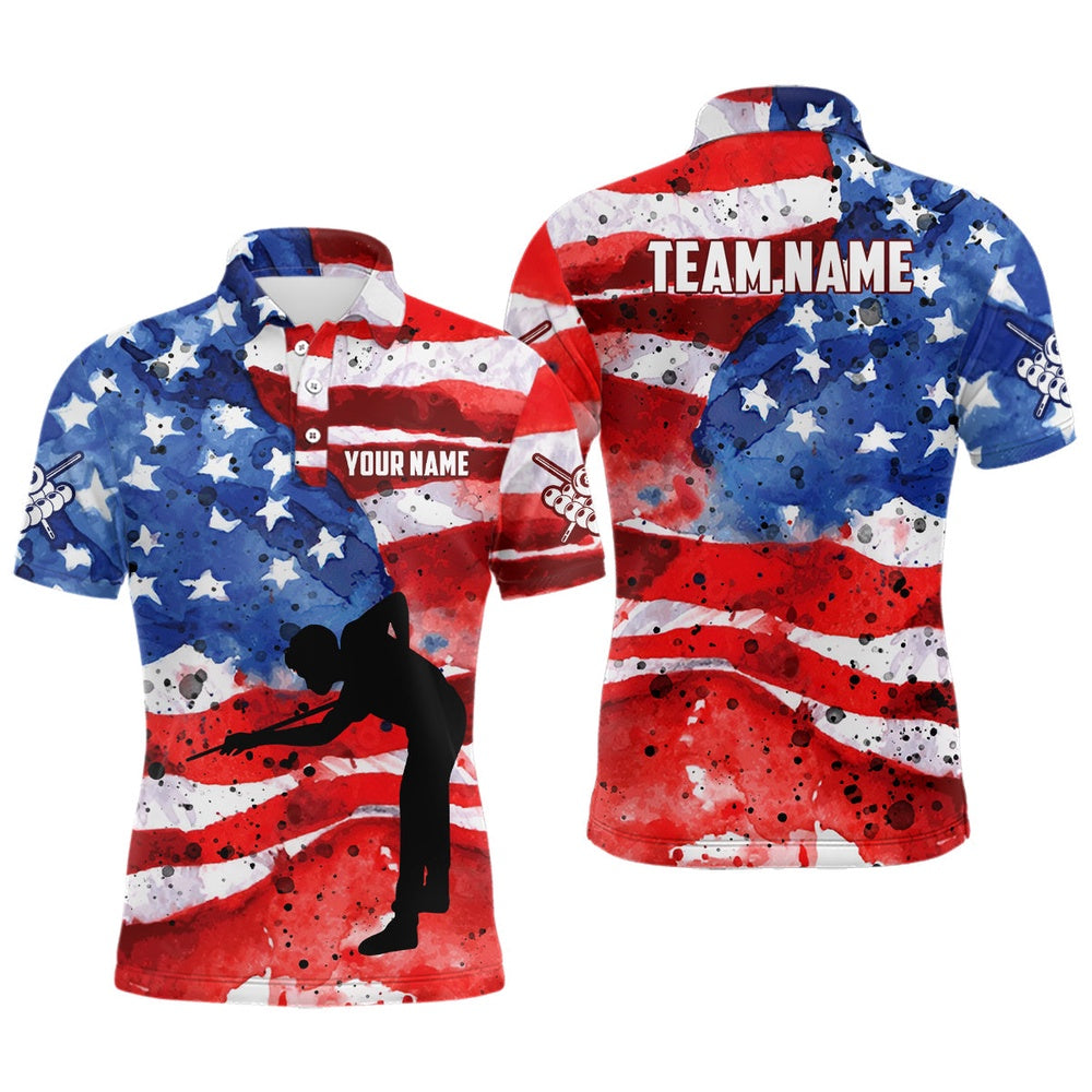 Personalized USA Flag Billiard Player Polo Shirts, Patriotic American Flag Billiard Shirts, Billiard Team Polo Shirts