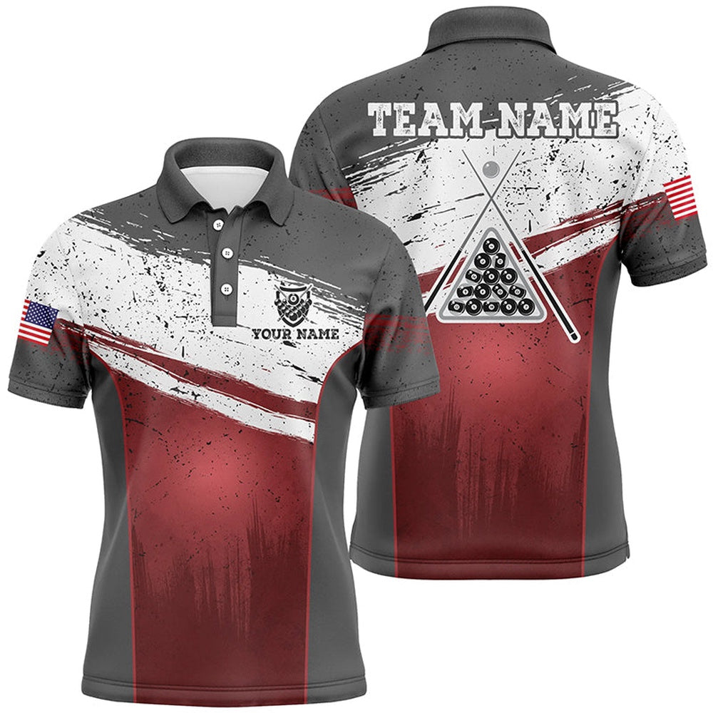 Personalized US Flag 8 Ball Pool Polo Shirts, Custom Red Grunge Billiard Balls Polo, Billiard Team Polo Shirts