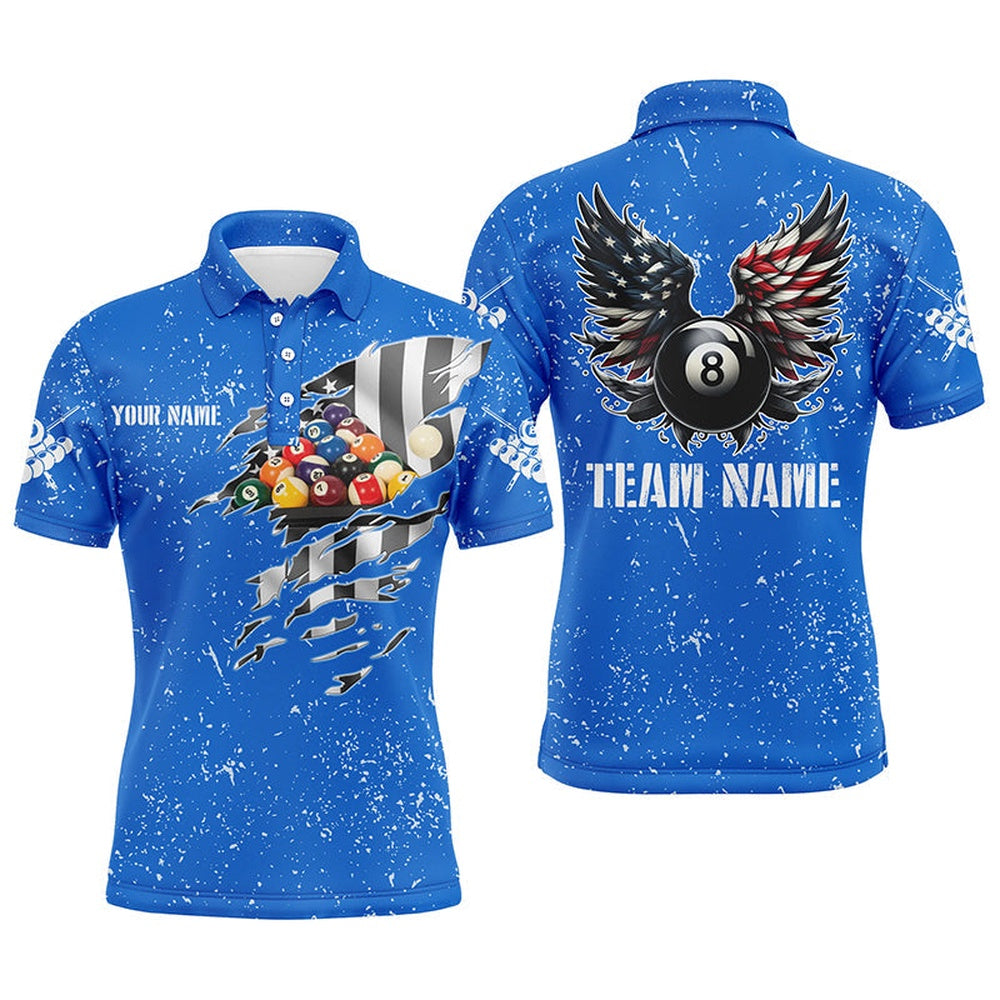Personalized US Flag Billiard Balls 3D Polo Shirts, Blue Billiard 8 Ball Wings Polo, Billiard Team Polo Shirts