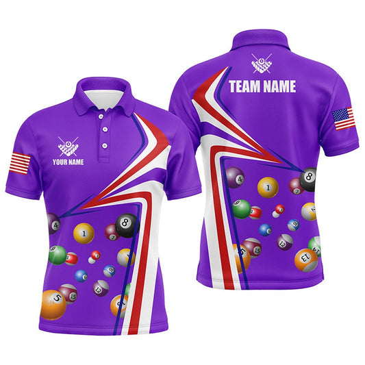 Personalized US Flag Billiard Balls Purple 3D Polo Shirts, Custom 8 Ball Pool Polo, Billiard Team Polo Shirts
