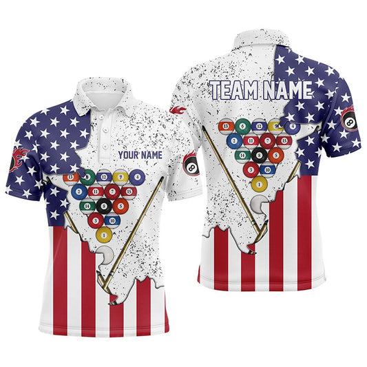 Personalized US Flag Billiard Pool Balls White Grunge Polo Shirts, Billiard 3D Polo, Billiard Team Polo Shirts