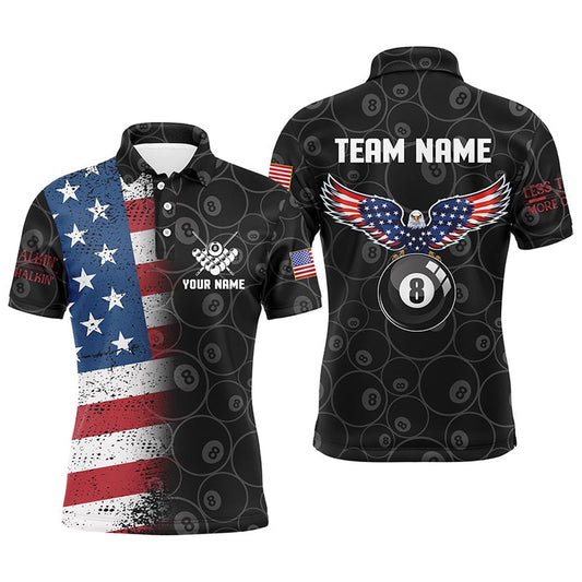 Personalized US Flag Eagle 8 Ball Pattern Billiard 3D Polo Shirts, Custom Billiards Polo, Billiard Team Polo Shirts