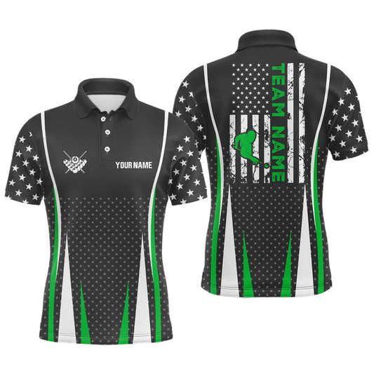 Personalized US Flag Pattern Green Billiard Polo Shirts, Player Billiards Team Polo, Billiard Team Polo Shirts