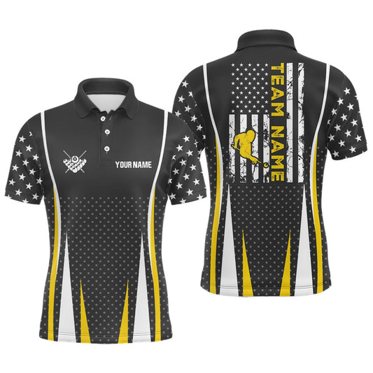 Personalized US Flag Pattern Yellow Billiard Polo Shirts, Player Billiards Team Polo, Billiard Team Polo Shirts