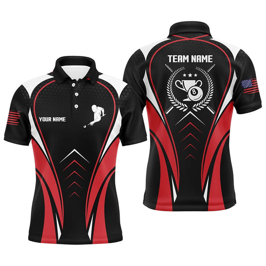 Personalized US Flag Red Billiards Polo Shirts, Ball 8 Trophy Emblem Billiard Polo, Billiard Team Polo Shirts