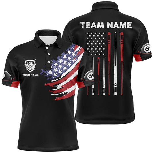 Personalized US Flag Sticks Billiard 3D Polo Shirts, Custom 8 Ball Pool Billiard Polo, Billiard Team Polo Shirts