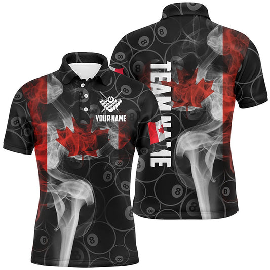 Personalized Vintage Smoke Canadian Flag Billiard Polo Shirts, Custom 8 Ball Pool Polo, Billiard Team Polo Shirts