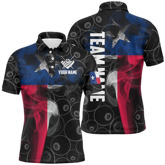 Personalized Vintage Smoke Texas Flag Billiard Polo Shirts, Custom 8 Ball Pool Team Polo, Billiard Team Polo Shirts