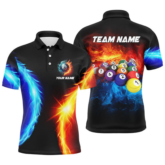 Personalized Water And Fire Billiard Balls 3D Printed Polo Shirts Custom Pool League Shirts, Billiard Team Polo Shirts