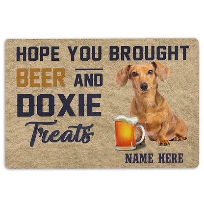 Personalized Welcome Doormat, Brought Beer And Doxie Dachshund Treat Welcome Doormat, Custom Name Pets Home Decor Door Mat