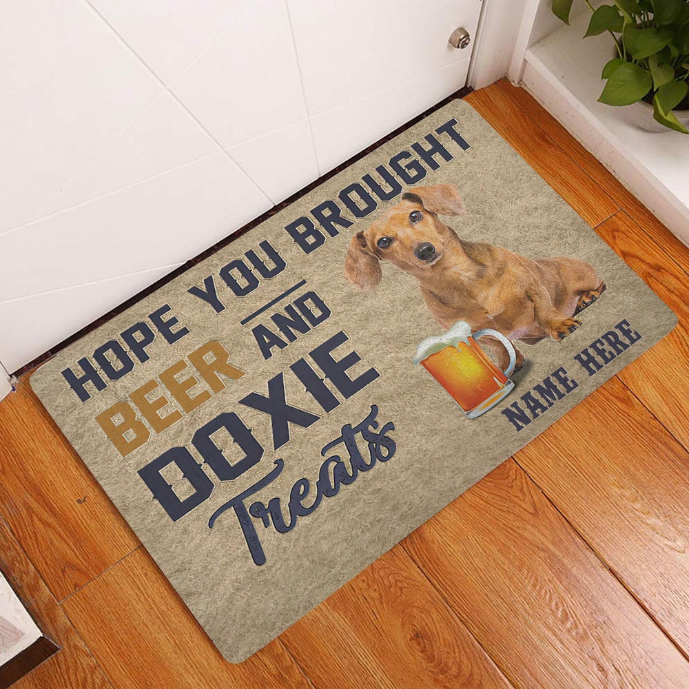 Personalized Welcome Doormat, Brought Beer And Doxie Dachshund Treat Welcome Doormat, Custom Name Pets Home Decor Door Mat