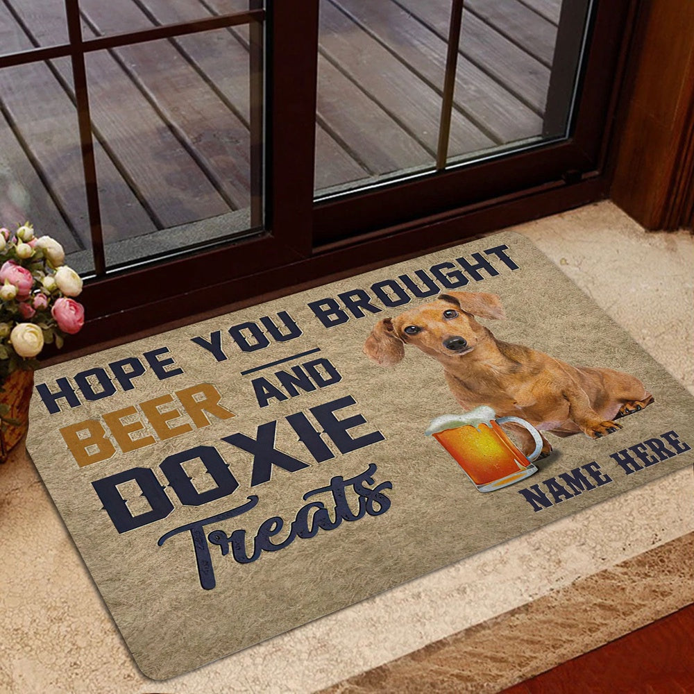 Personalized Welcome Doormat, Brought Beer And Doxie Dachshund Treat Welcome Doormat, Custom Name Pets Home Decor Door Mat