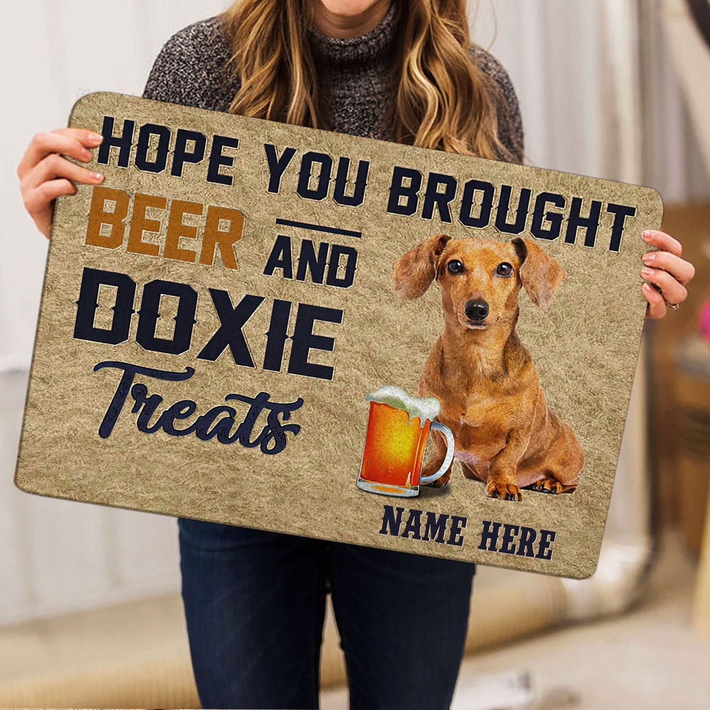 Personalized Welcome Doormat, Brought Beer And Doxie Dachshund Treat Welcome Doormat, Custom Name Pets Home Decor Door Mat