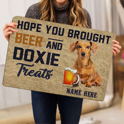 Personalized Welcome Doormat, Brought Beer And Doxie Dachshund Treat Welcome Doormat, Custom Name Pets Home Decor Door Mat