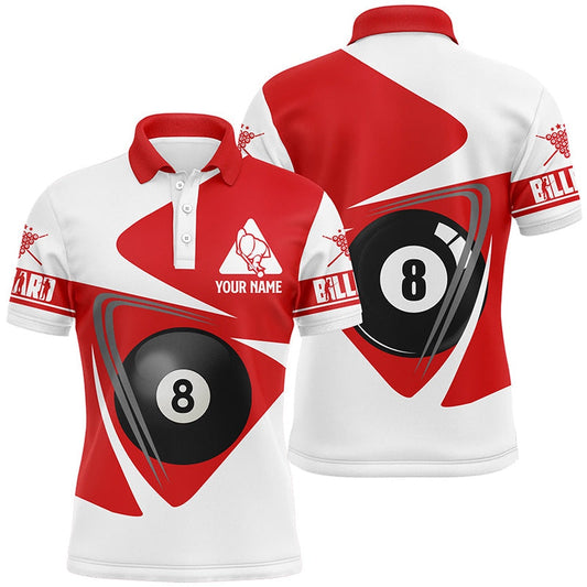 Personalized White And Red 8 Ball Billiards Polo Shirts, Custom Player Billiards Shirts, Billiard Team Polo Shirts
