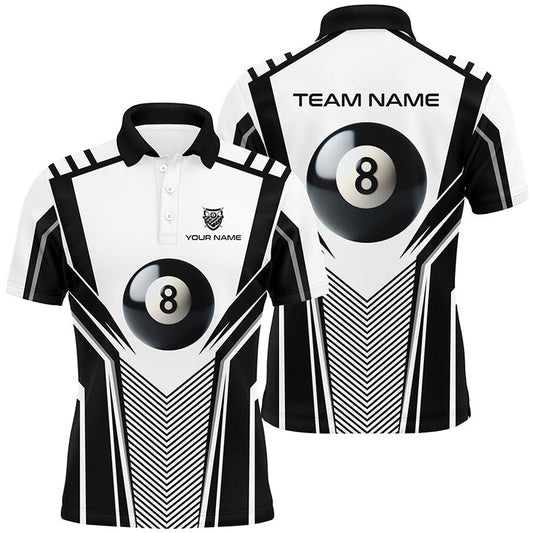 Personalized White Black 8 Ball Billiard 3D Polo Shirts, Custom Pool Billiard Balls Polo, Billiard Team Polo Shirts