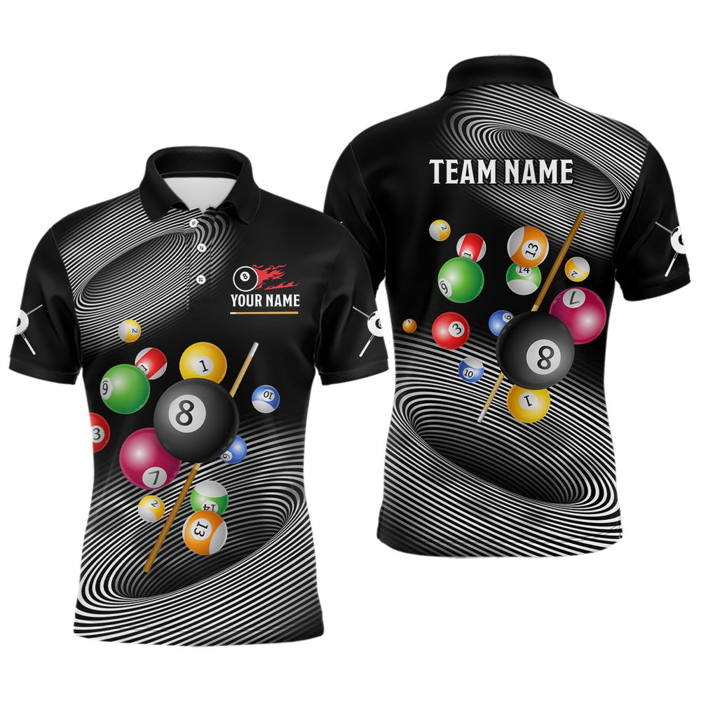 Personalized White Black Billiard Ballls 3D Polo Shirts, Custom 8 Ball Pool Team Shirts, Billiard Team Polo Shirts