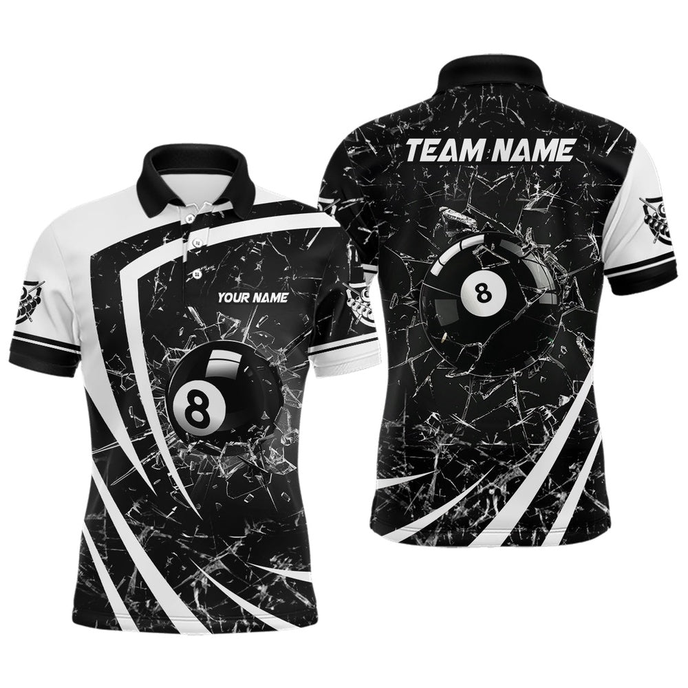Personalized White Black Glass Break 8 Ball Billiard 3D Polo Shirts 8 Ball Pool Polo, Billiard Team Polo Shirts