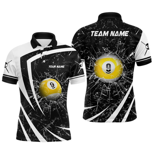 Personalized White Black Glass Break 9 Ball Pool 3D Polo Shirts Billiard 9 Ball Team Shirts, Billiard Team Polo Shirts